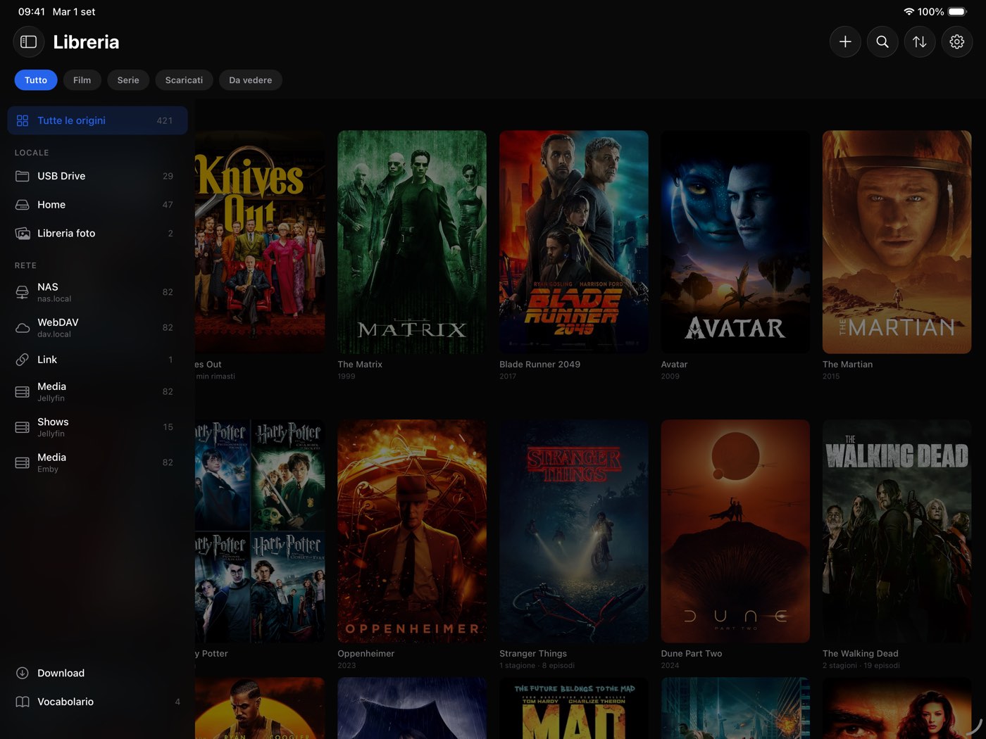 Pannello delle sorgenti: dischi locali e server